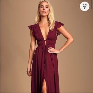 Deep V Burgundy Maxi Dress with Flutter Sleeves